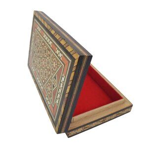 Handcrafted Wooden Inlay Box With Red Velvet Lining - 6.5"x4"x1.5" - Intricate G